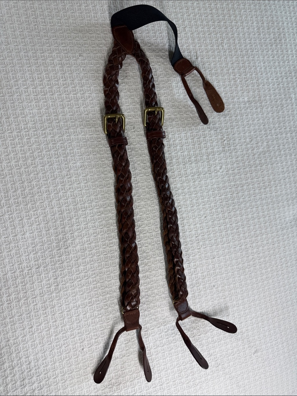 Brown Braided leather suspenders with brass buckles